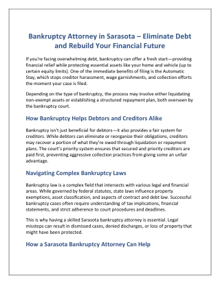 Bankruptcy Attorney in Sarasota – Eliminate Debt and Rebuild Your Financial Futu