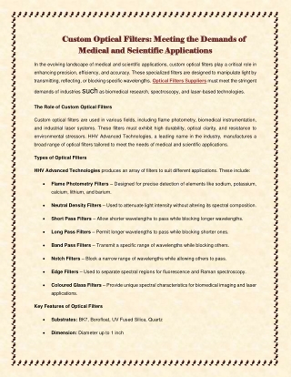 Custom Optical Filters Meeting the Demands of Medical and Scientific Applications