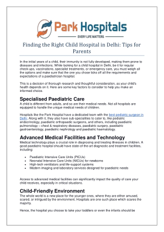 Finding the Right Child Hospital in Delhi Tips for Parents