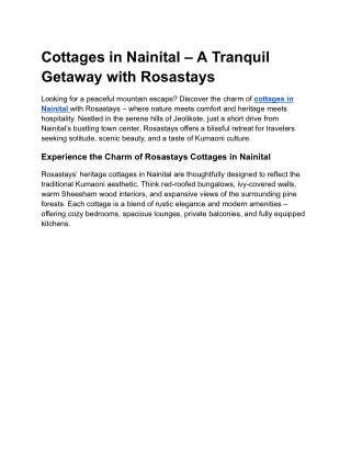 Cottages in Nainital – A Tranquil Getaway with Rosastays