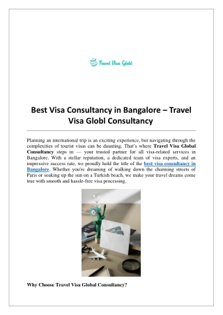 Best Visa Consultancy in Bangalore – Travel Visa Globl Consultancy