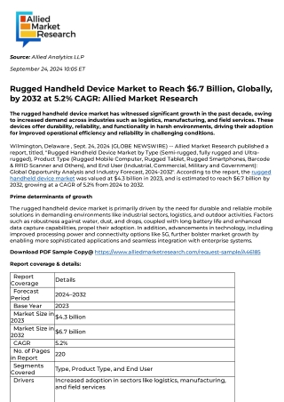 Rugged Handheld Device Market to Reach $6.7 Billion, Globally, by 2032 at 5.2% CAGR