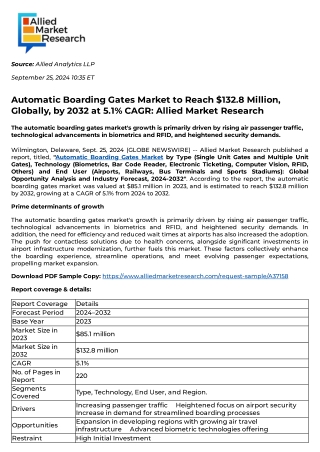 Automatic Boarding Gates Market to Reach $132.8 Million, Globally, by 2032 at 5.1% CAGR