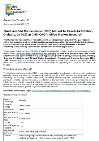 Fluidized Bed Concentrator (FBC) Market to Reach $4.9 Billion, Globally, by 2032 at 7.9% CAGR