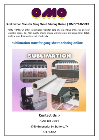 Sublimation Transfer Gang Sheet Printing Online  OMO TRANSFER