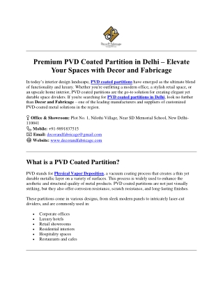 Premium PVD Coated Partition in Delhi