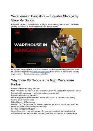 Warehouse in Bangalore — Scalable Storage by Store My Goods