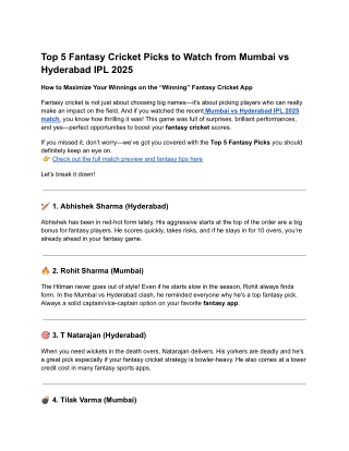 Top 5 Fantasy Cricket Picks to Watch from Mumbai vs Hyderabad IPL 2025