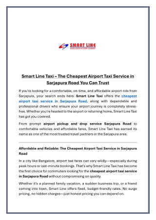 Smart Line Taxi The Cheapest Airport Taxi Service in Sarjapura Road You Can Trust