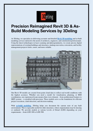 Precision Reimagined Revit 3D & As-Build Modeling Services by 3Deling