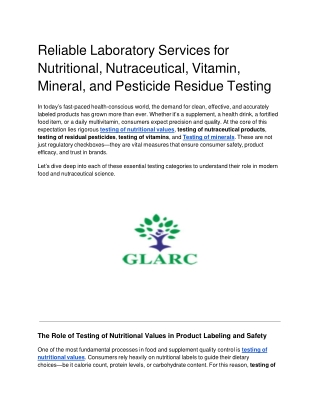 Reliable Laboratory Services for Nutritional, Nutraceutical, Vitamin, Mineral, and Pesticide Residue Testing