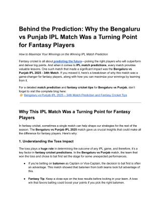 Behind the Prediction: Why the Bengaluru vs Punjab IPL Match Was a Turning Point