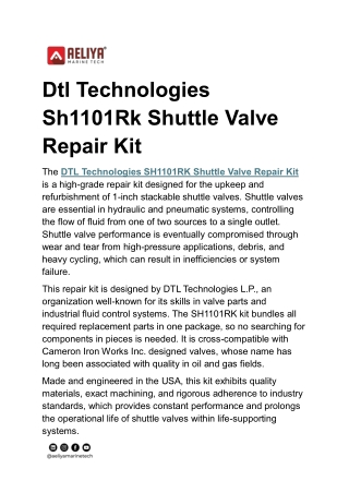 Dtl Technologies Sh1101Rk Shuttle Valve Repair Kit