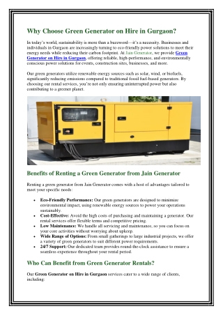 Green Generator on Hire in Gurgaon