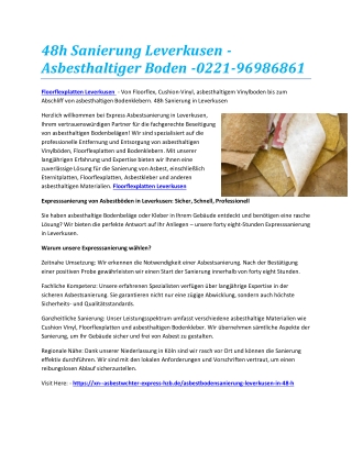 48h Sanierung Leverkusen - Asbesthaltiger Boden -0221-96986861