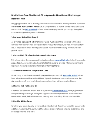 Dhathri Hair Care Plus Herbal Oil – Ayurvedic Nourishment for Stronger, Healthier Hair