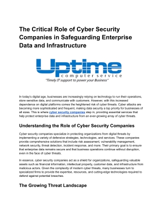 The Critical Role of Cyber Security Companies in Safeguarding Enterprise Data and Infrastructure
