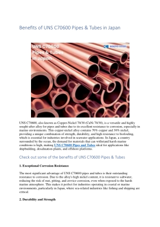 What are the Benefits of UNS C70600 Pipes & Tubes in Japan