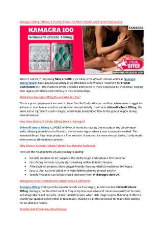 Kamagra 100mg Tablets: A Trusted Choice for Men's Health and Erectile Dysfunctio