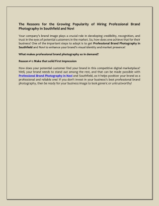 The Reasons for the Growing Popularity of Hiring Professional Brand Photography in Southfield and Novi