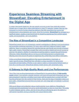 Experience Seamless Streaming with StreamEast- Elevating Entertainment in the Digital Age