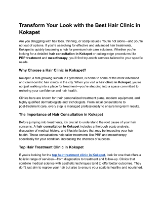 Transform Your Look with the Best Hair Clinic in Kokapet