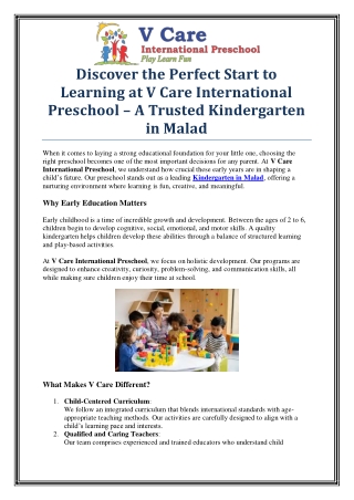 Top-Rated Kindergarten in Malad – V Care International Preschool