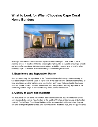 What to Look for When Choosing Cape Coral Home Builders