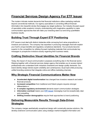 Financial Services Design Agency For ETF Issuer