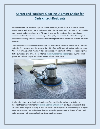 Carpet and Furniture Cleaning A Smart Choice for Christchurch Residents