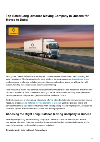 Top-Rated Long Distance Moving Company in Queens for Moves to Dubai