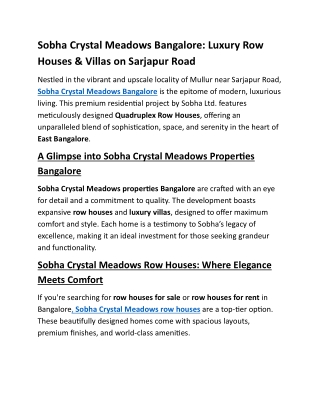 Sobha Crystal Meadows Bangalore