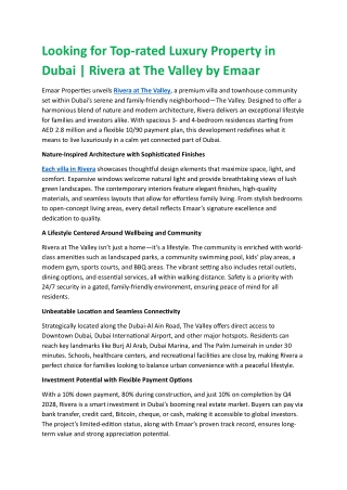 Looking for Top-rated Luxury Property in Dubai  Rivera at The Valley by Emaar