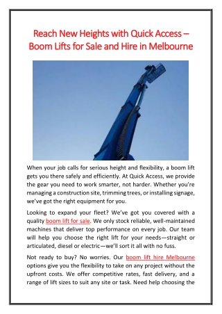 Reach New Heights with Quick Access Boom Lifts for Sale and Hire in Melbourne