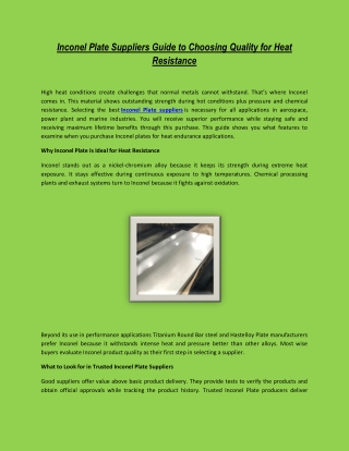 Inconel Plate Suppliers Guide to Choosing Quality for Heat Resistance