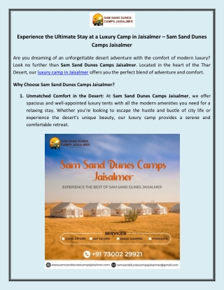 Experience the Ultimate Stay at a Luxury Camp in Jaisalmer – Sam Sand Dunes Camps Jaisalmer