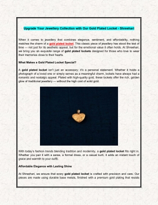 Upgrade Your Jewellery Collection with Our Gold Plated Locket - Shreehari