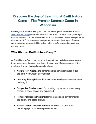 Summer Camp in Wisconsin at Swift Nature Camp: Where Fun Meets Learning
