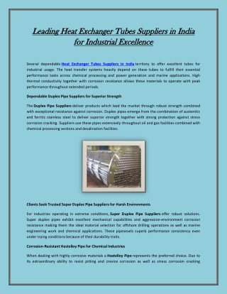 Leading Heat Exchanger Tubes Suppliers in India for Industrial Excellence