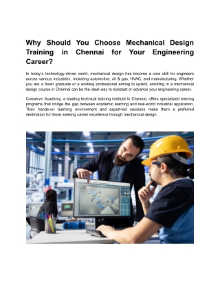 Why Should You Choose Mechanical Design Training in Chennai for Your Engineering Career