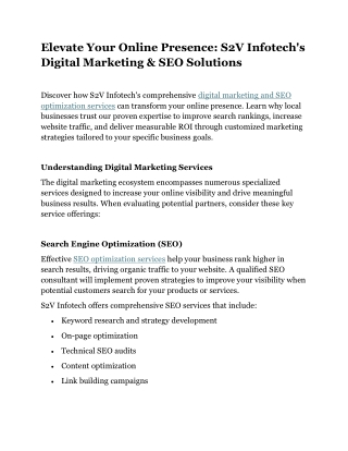 Elevate Your Online Presence: S2V Infotech's Digital Marketing & SEO Solutions