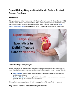 Expert Kidney Dialysis Specialists in Delhi – Trusted Care at Nephrox