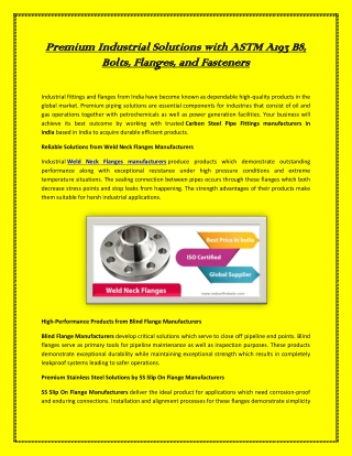 Premium Industrial Solutions with ASTM A193 B8, Bolts, Flanges, and Fasteners