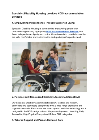 Specialist Disability Housing provides NDIS accommodation services