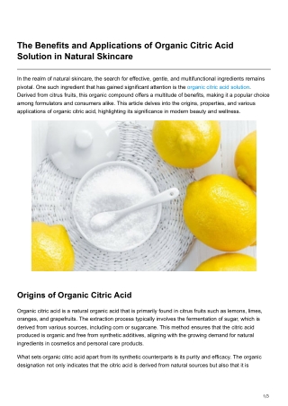 The Benefits and Applications of Organic Citric Acid Solution in Natural Skincare