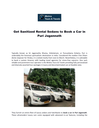 Get Sanitized Rental Sedans to Book a Car in Puri Jagannath