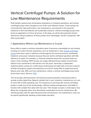 Vertical Centrifugal Pumps: A Solution for Low Maintenance Requirements