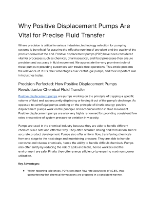 Why Positive Displacement Pumps Are Vital for Precise Fluid Transfer