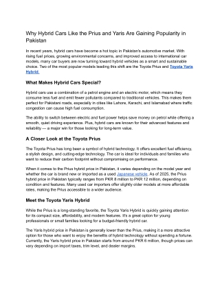 Why Hybrid Cars Like the Prius and Yaris Are Gaining Popularity in Pakistan