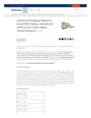 Industrial Packaging Market to Reach $99.6 billion, Globally, by 2033 at 4.3% CA